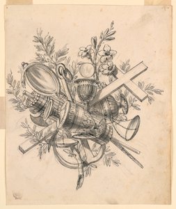 Rajz, trófea az erények szimbólumaival, 1830–1850 alkotó: Romolo Achille Liverani